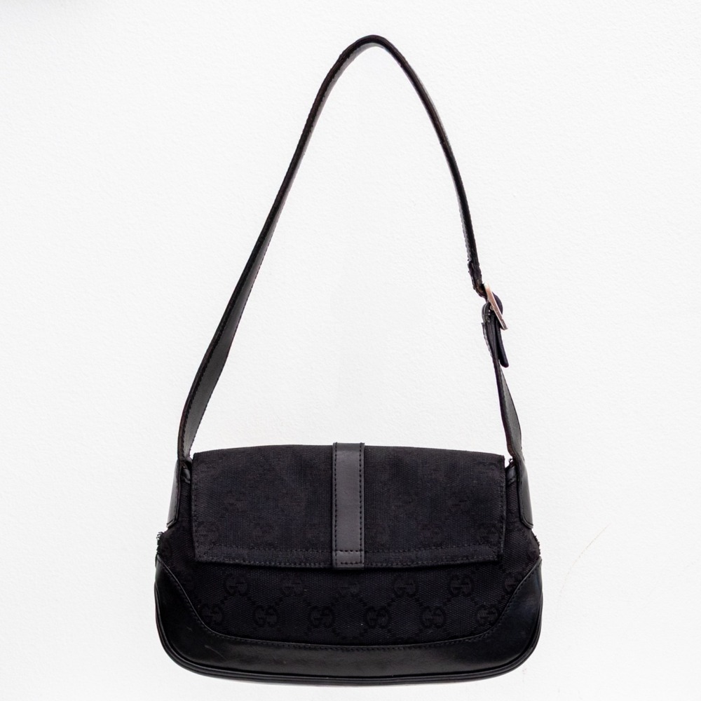 Vntg GUCCI Black GG Canvas/Leather Small Flap Jackie O Hobo Bag Canvas & Leather - Picture 2 of 16